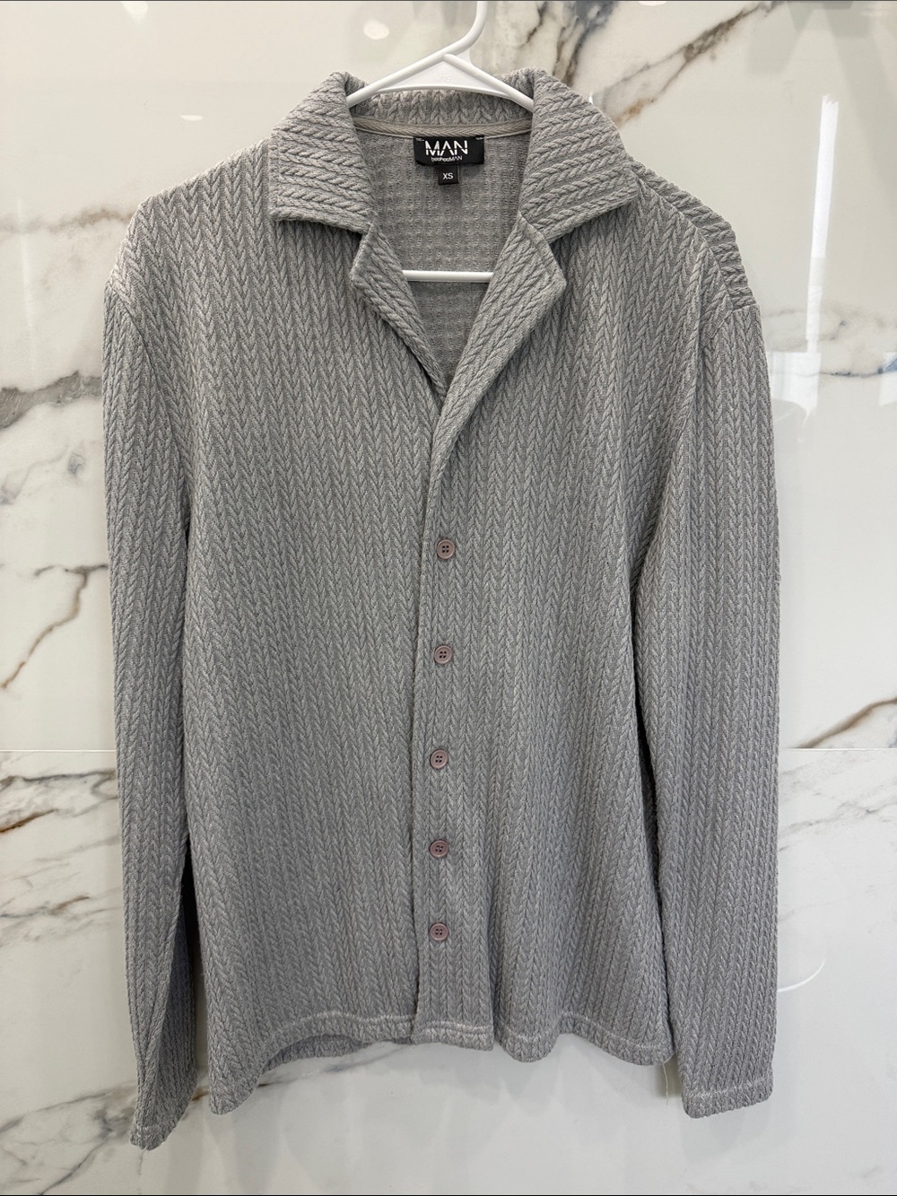 Boohoo Mens Light Gray Textured Button-Up Cardigan